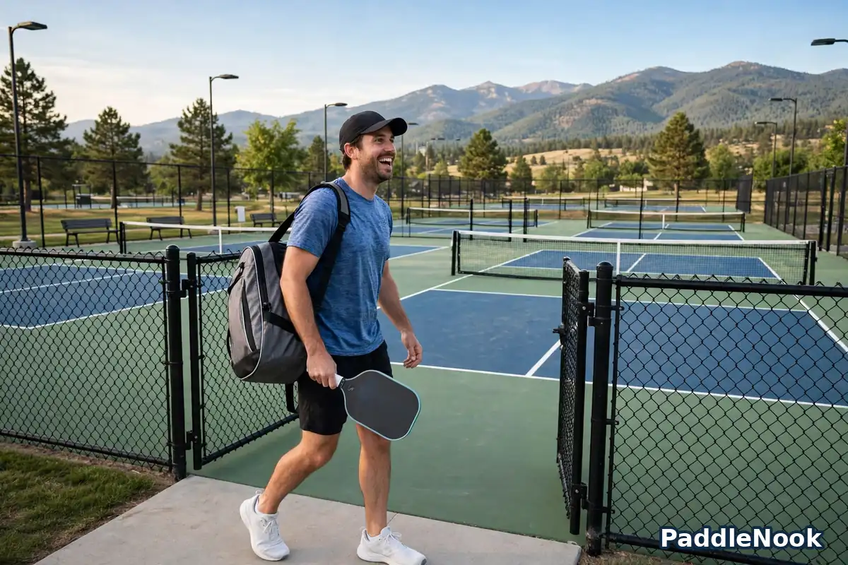 A new player walking onto a pickleball court carrying a paddle and bag