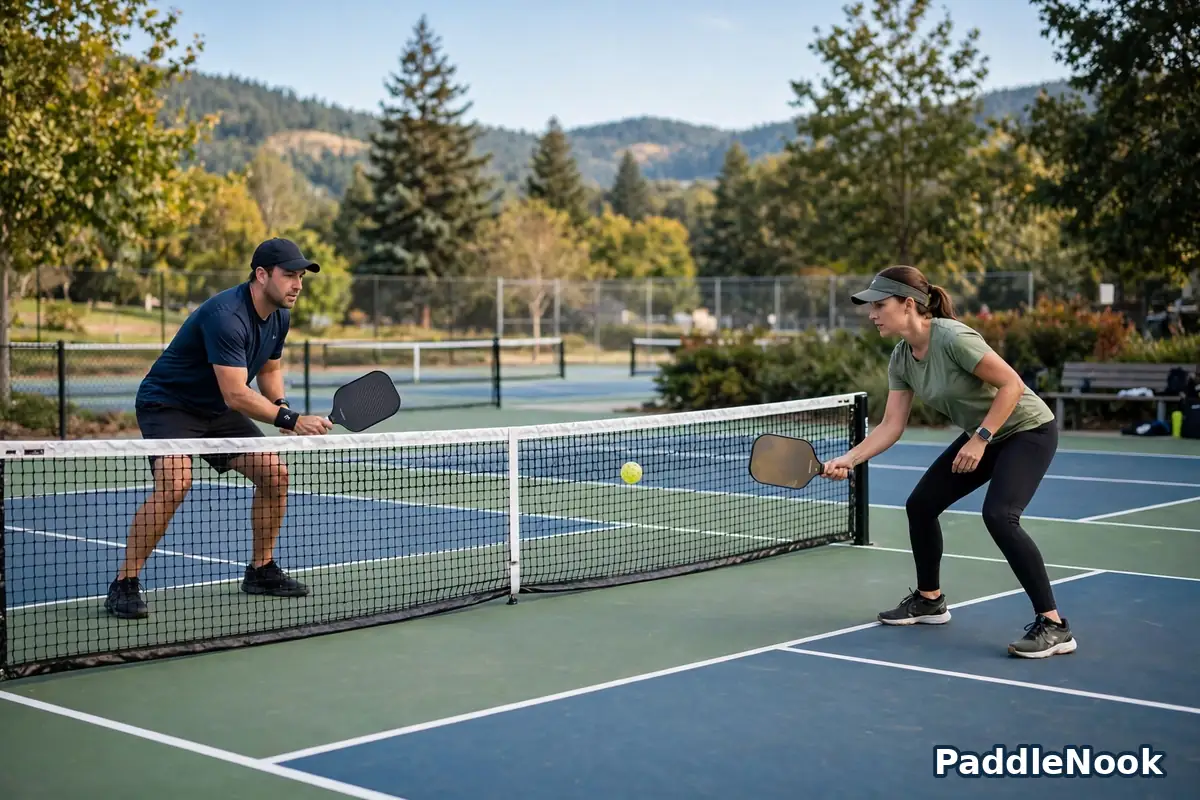 Two players playing soft dink shots near the net in pickleball