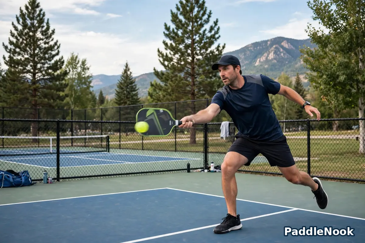 A player hitting a powerful pickleball drive from the baseline