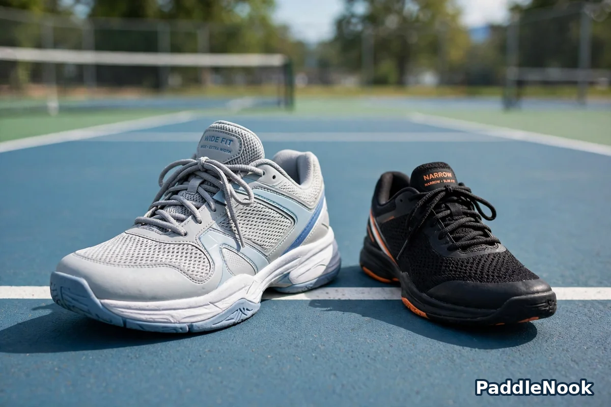 Wide fit court shoe beside a narrow court shoe for comparison