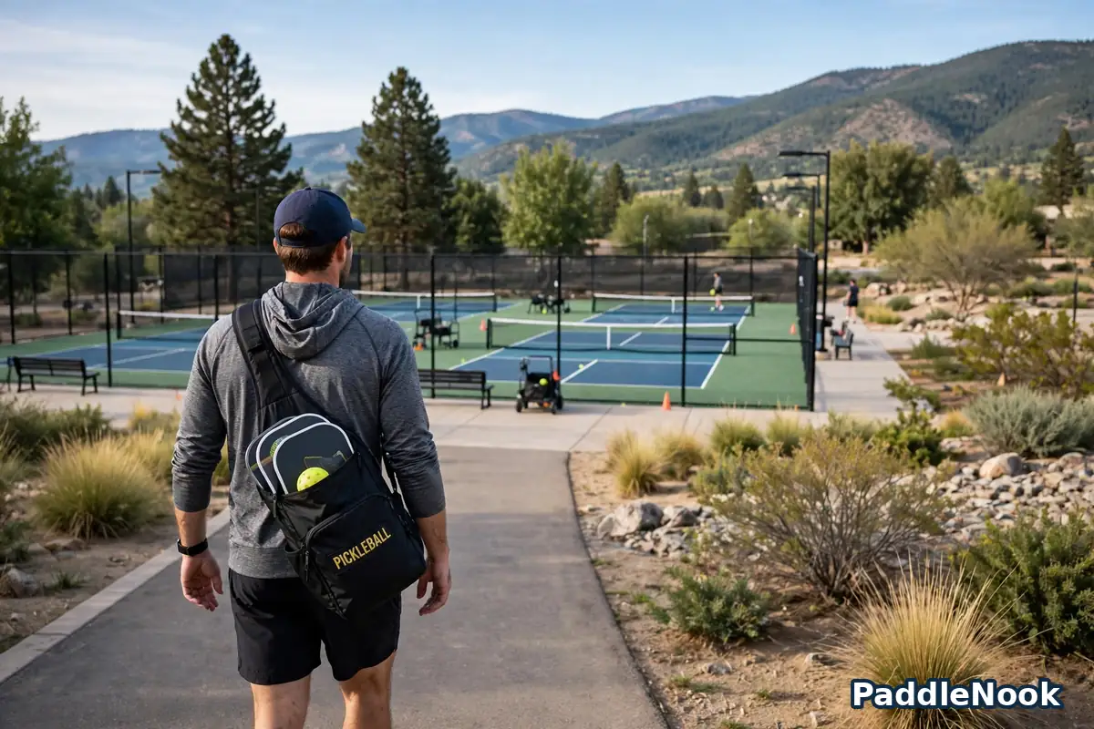 Player carrying a pickleball sling bag toward outdoor courts