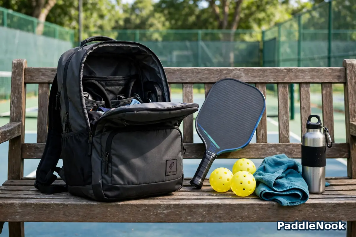 Open pickleball bag on a court bench with paddle and bottle