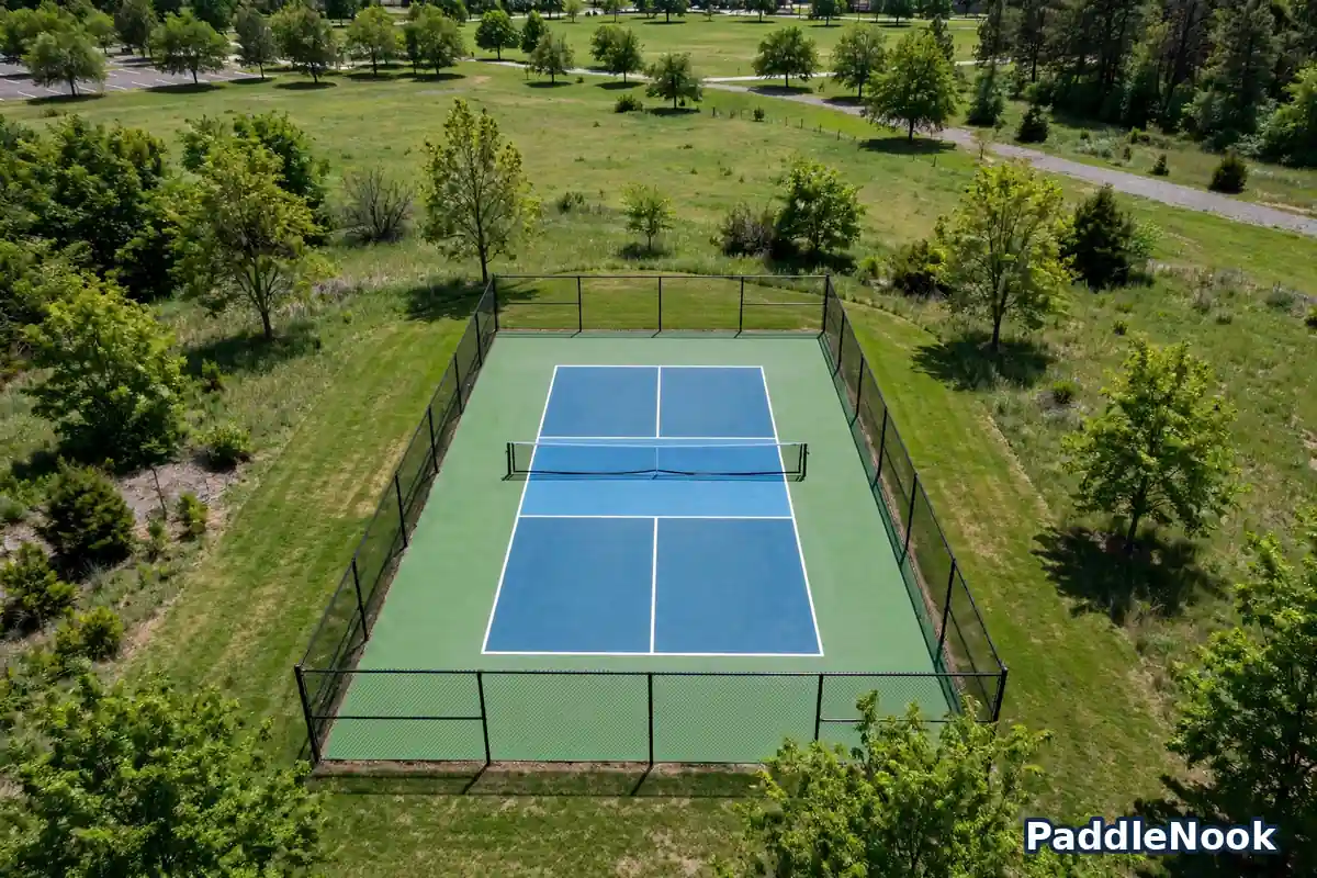Empty pickleball court seen from above with clear white lines
