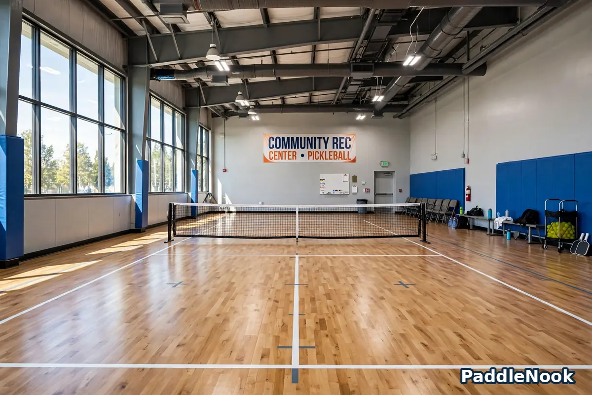 Indoor pickleball court inside a bright gym with a net