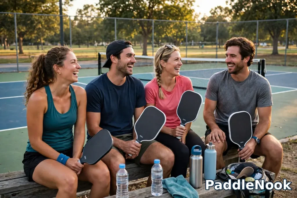 Friends laughing with pickleball paddles after a game beside the court