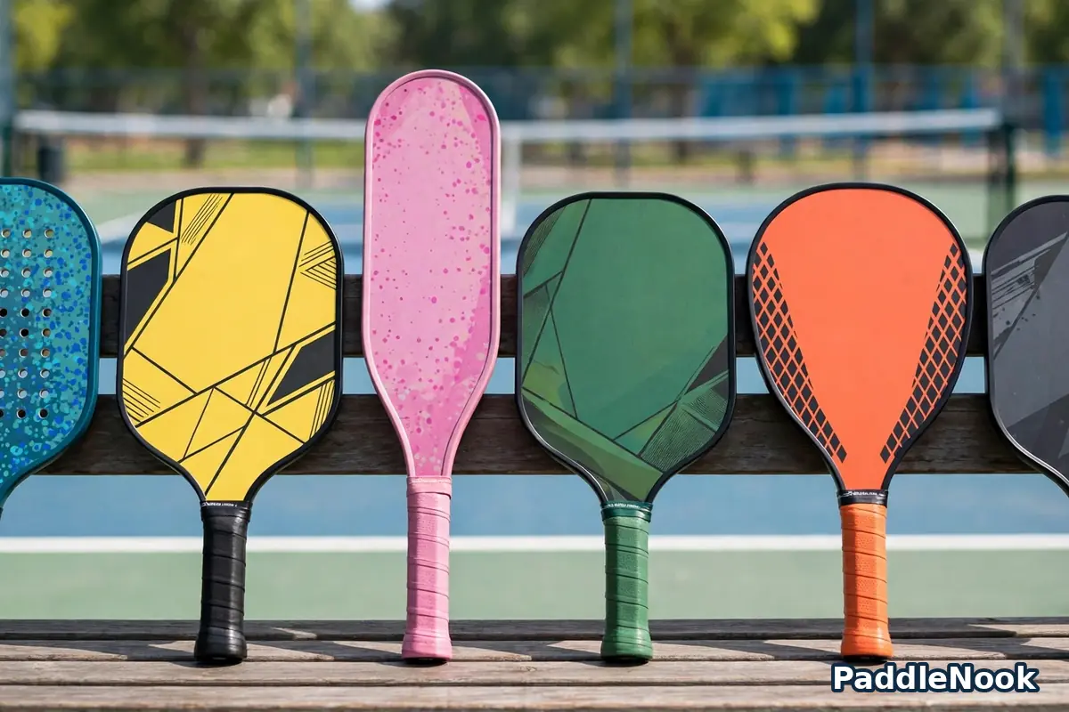 Different pickleball paddles lined up on a bench by shape and handle