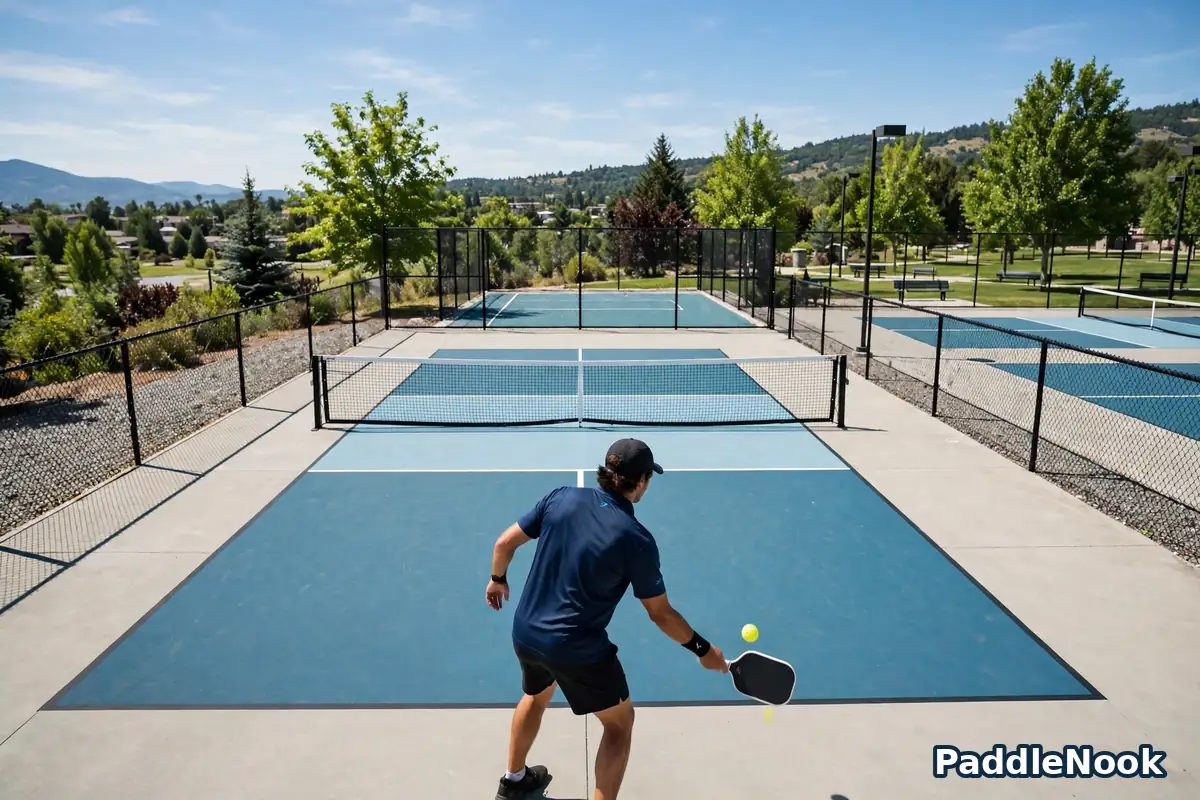 Pickleball player serving underhand from behind the baseline