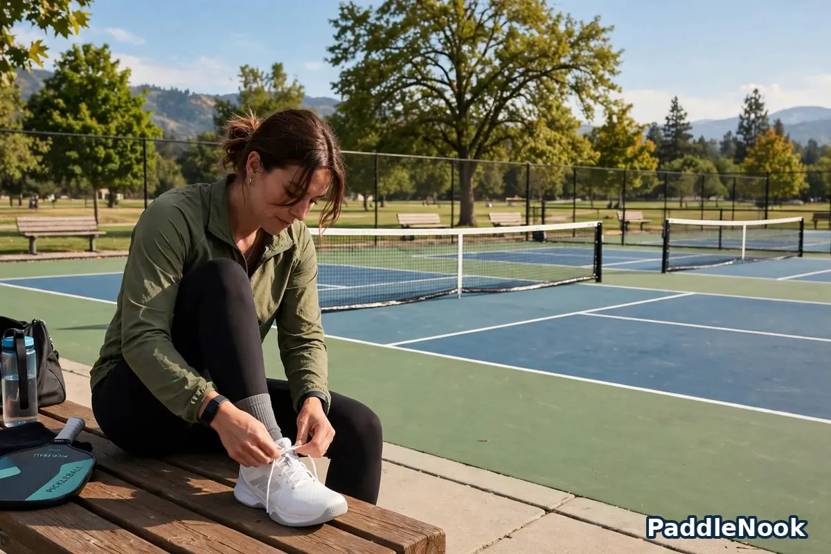 Player lacing up court shoes on a bench by the court