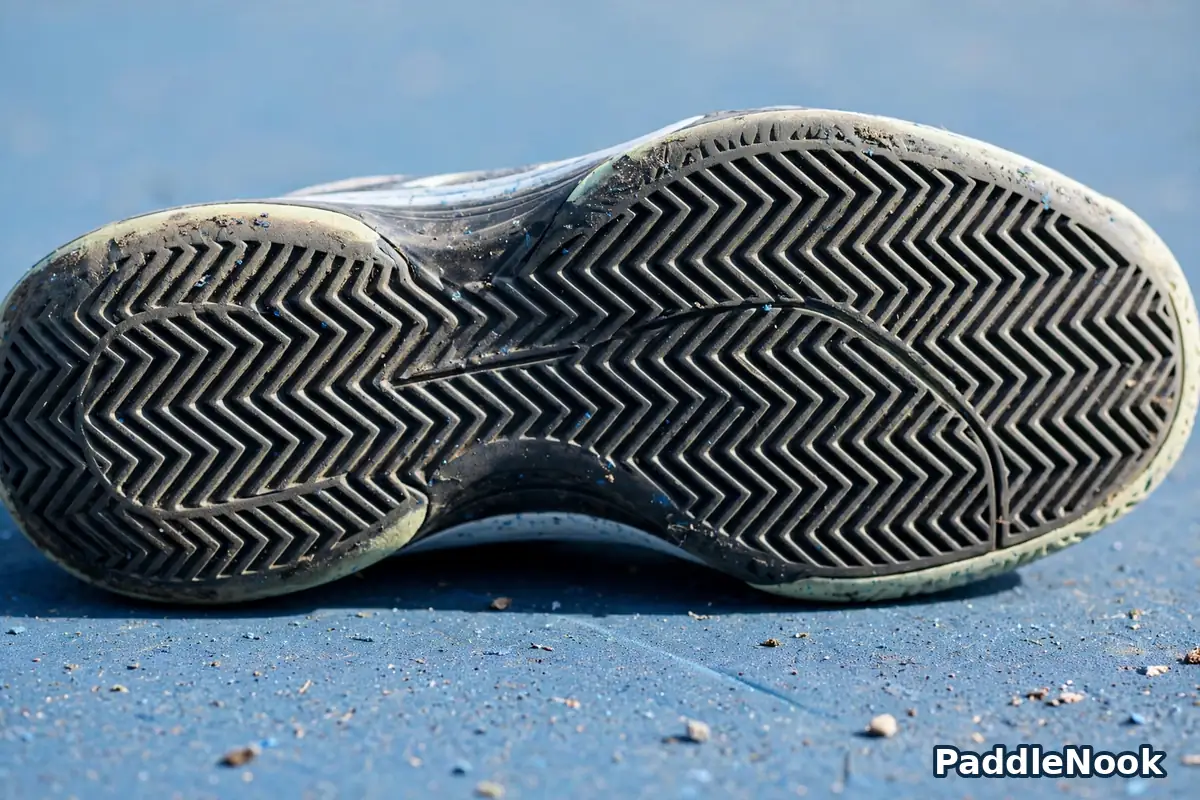 Court shoe sole with herringbone grip tread on hard court