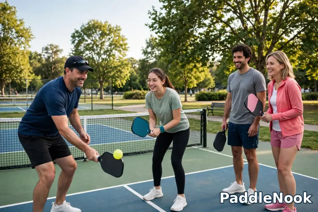 A coach showing a new player a gentle underhand pickleball serve