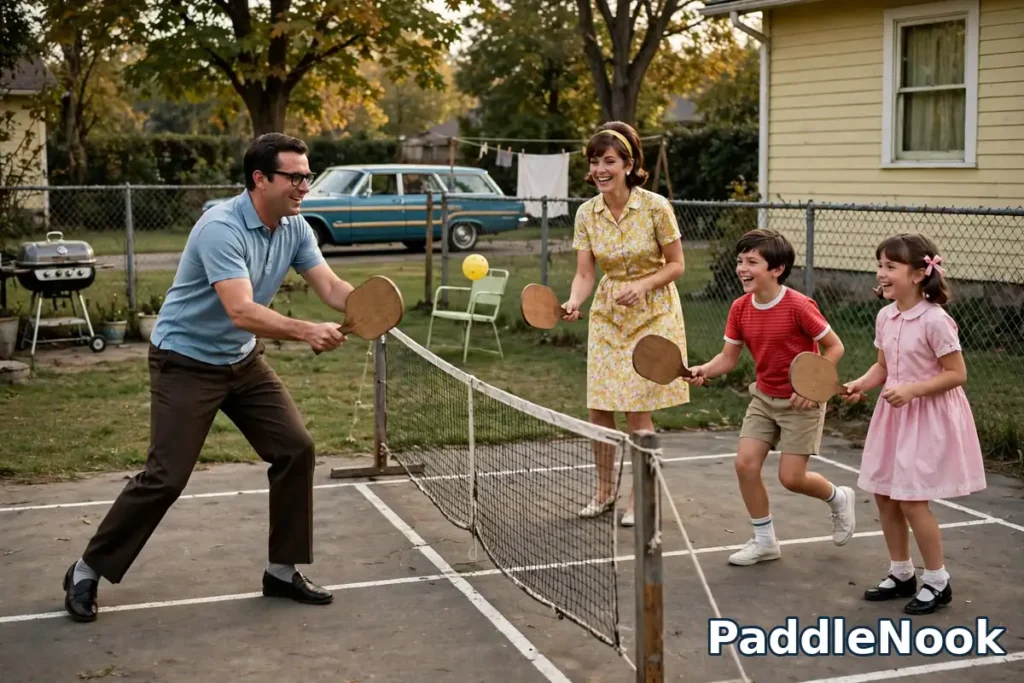 A family playing a casual pickleball game on a backyard court