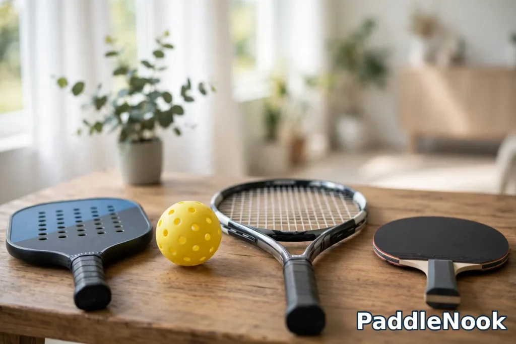 A pickleball paddle and ball beside a tennis racket and table tennis paddle