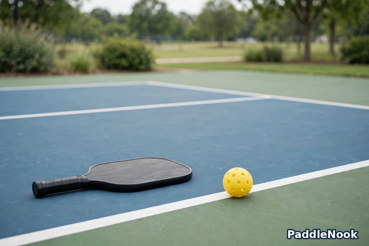 A single pickleball paddle resting on a court with a ball beside it