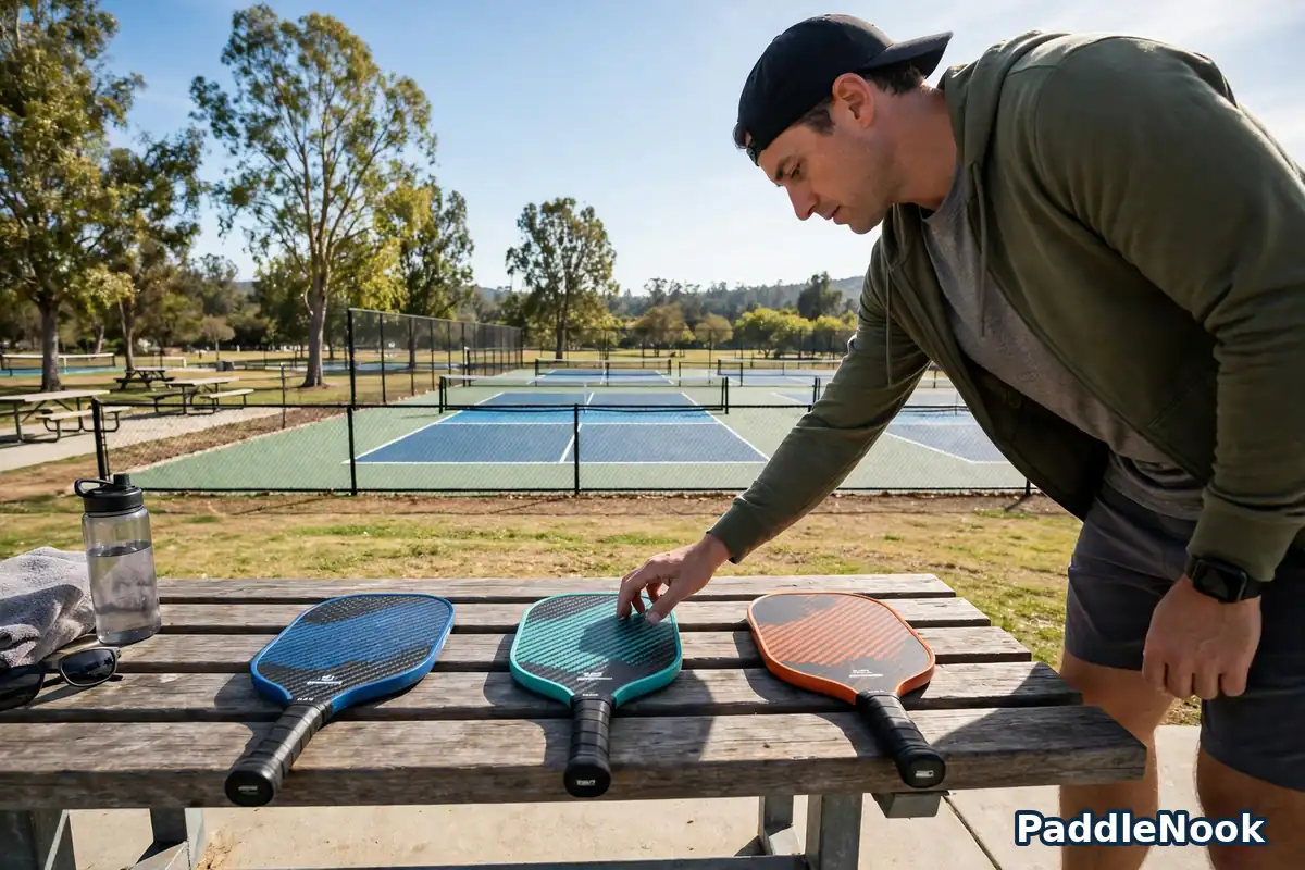 A player choosing between pickleball paddles laid out on a court bench