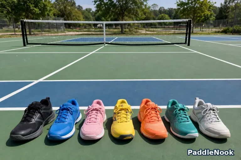 Different court shoes lined up on a pickleball court surface