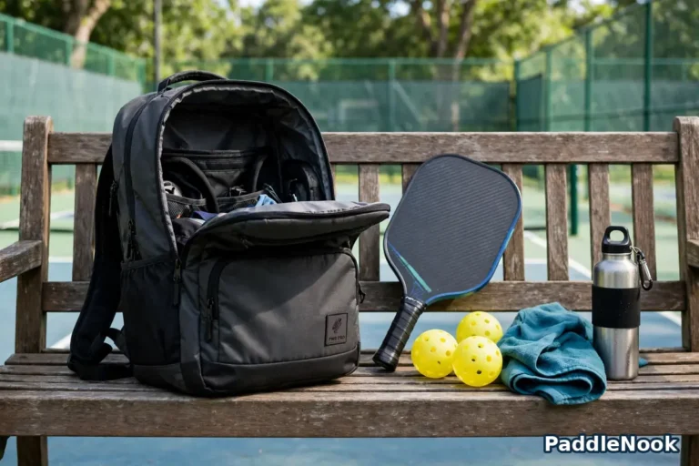 Open pickleball bag on a court bench with paddle and bottle