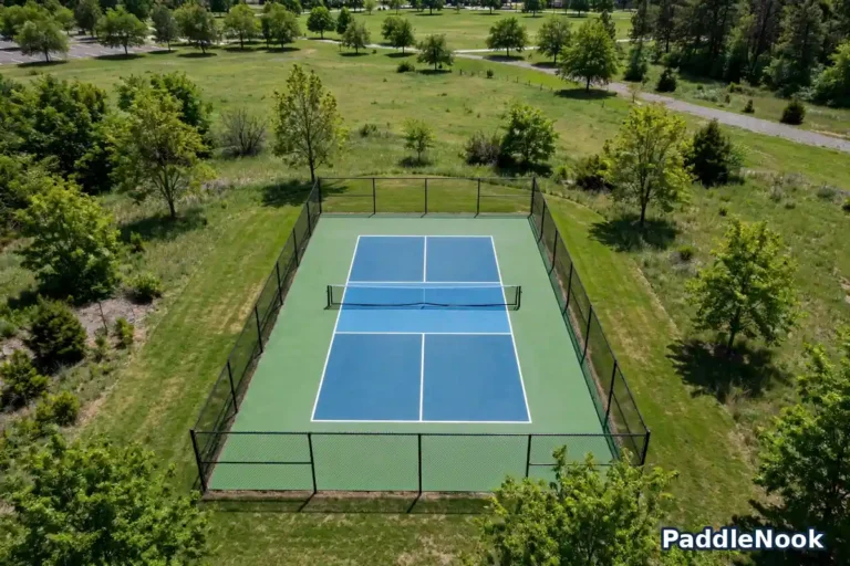Empty pickleball court seen from above with clear white lines
