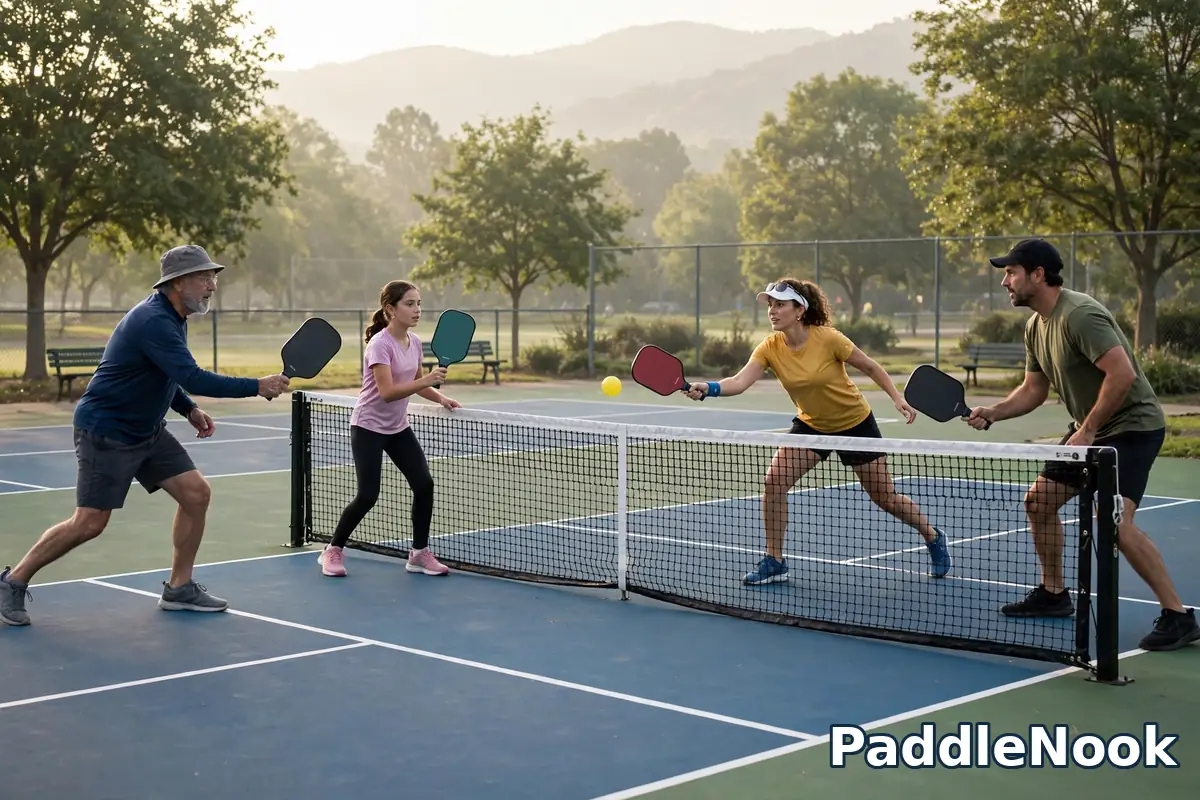 Four players playing pickleball doubles on a sunny outdoor court