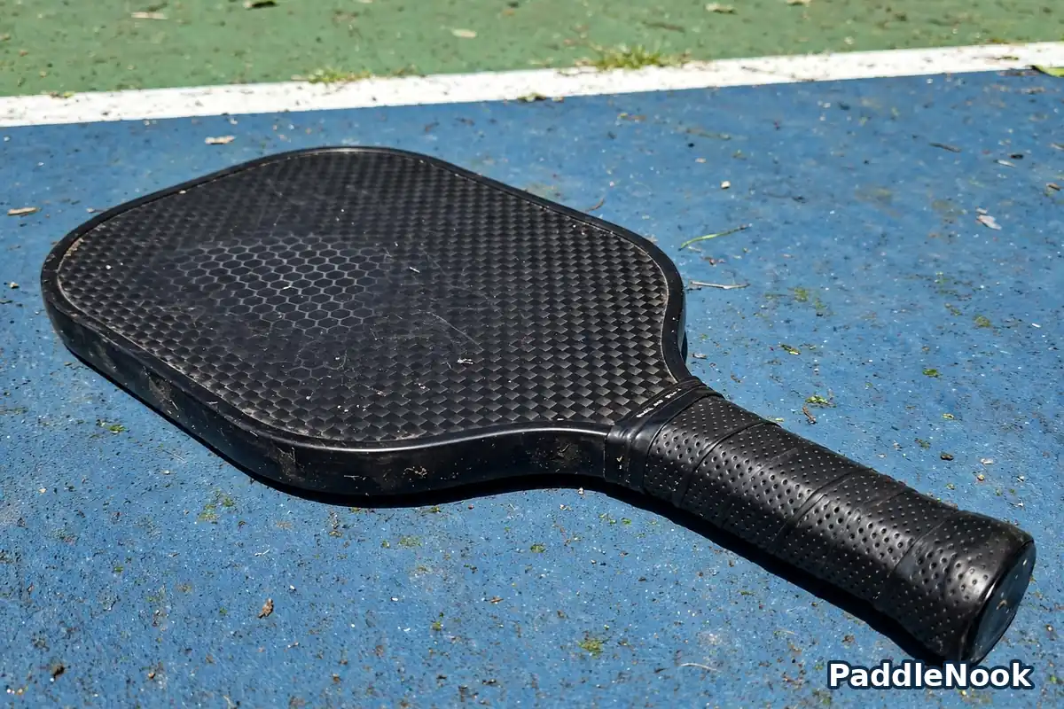 Close-up of a pickleball paddle showing its face, edge guard and grip