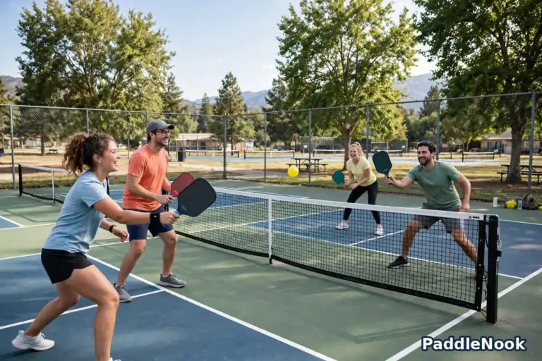 Beginners playing pickleball on a sunny outdoor court near the net