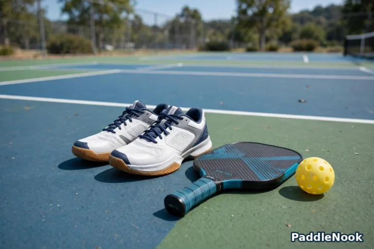 Pair of court shoes on a pickleball court beside a paddle
