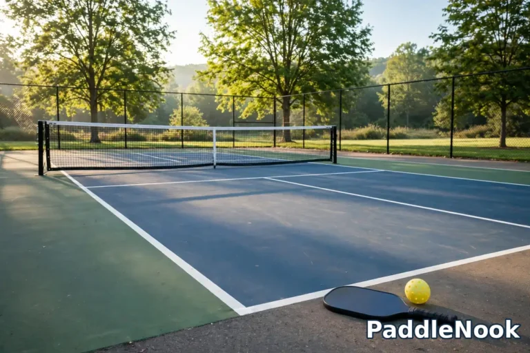 An empty pickleball court with a paddle and ball on the ground